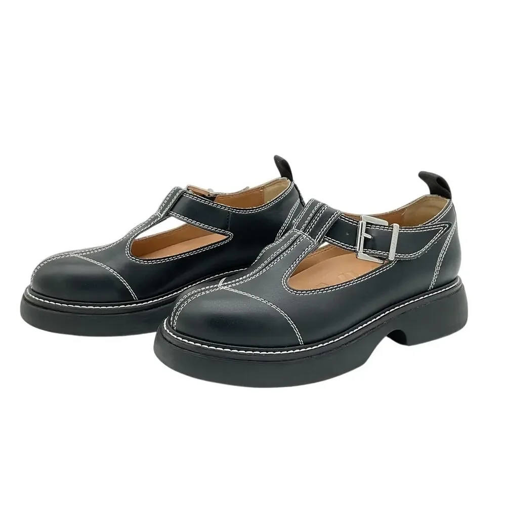 Ganni Sleek Black White Everyday Buckle Mary Jane Shoes Size EU 38 / US 8 - Picture 2 of 6